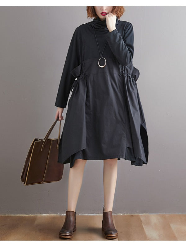 STITCHED PLEATED BANDGE HIGH-NECK DRESS