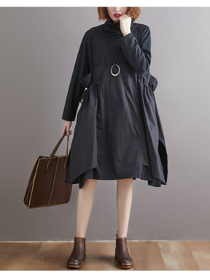 STITCHED PLEATED BANDGE HIGH-NECK DRESS