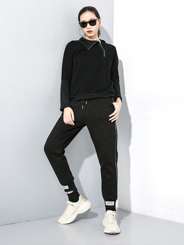 Black Zipper Stitching Turtleneck Sweatshirt