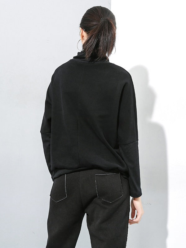 Black Zipper Stitching Turtleneck Sweatshirt