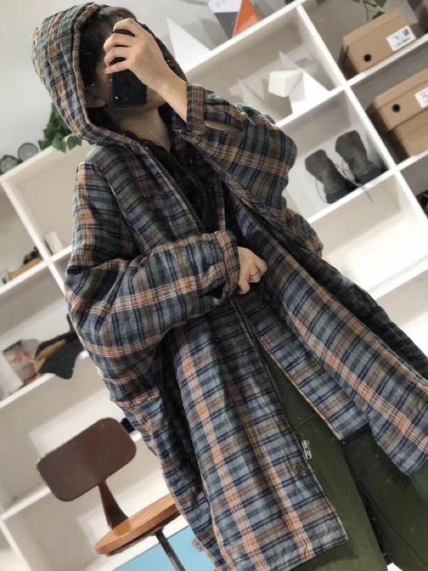 Vintage Plaid Long Hooded Coat