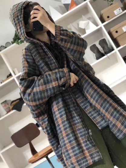 Vintage Plaid Long Hooded Coat