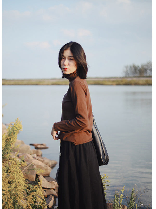 Plain Casual Long Sleeve High Collar T-Shirt