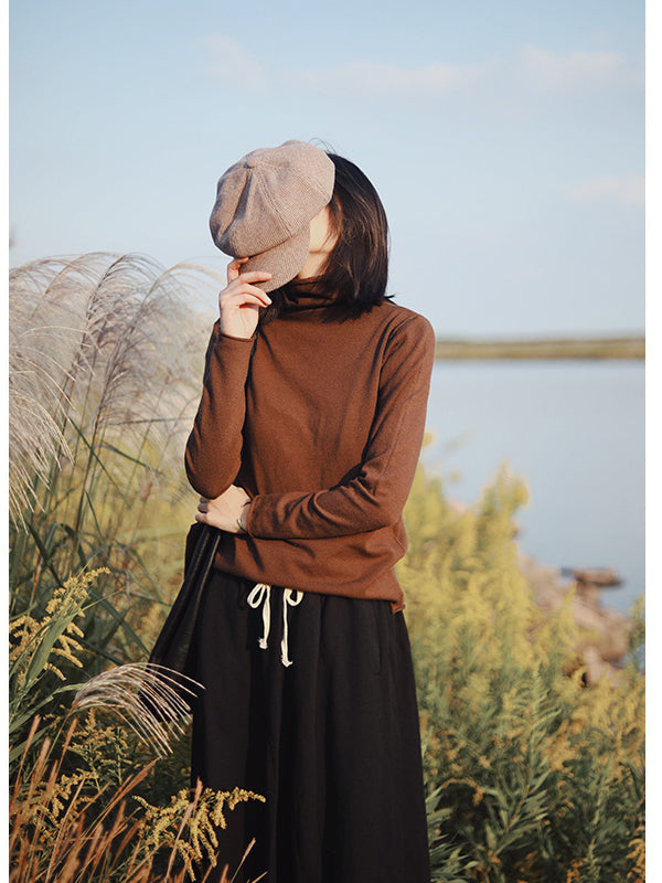 Plain Casual Long Sleeve High Collar T-Shirt
