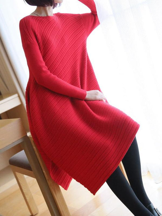 Plain V-Neck Knitting Midi Dress