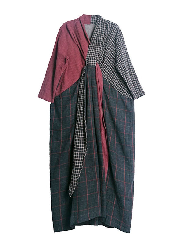 Stitched Plaid Chest Cross V-Neck Maxi Dress