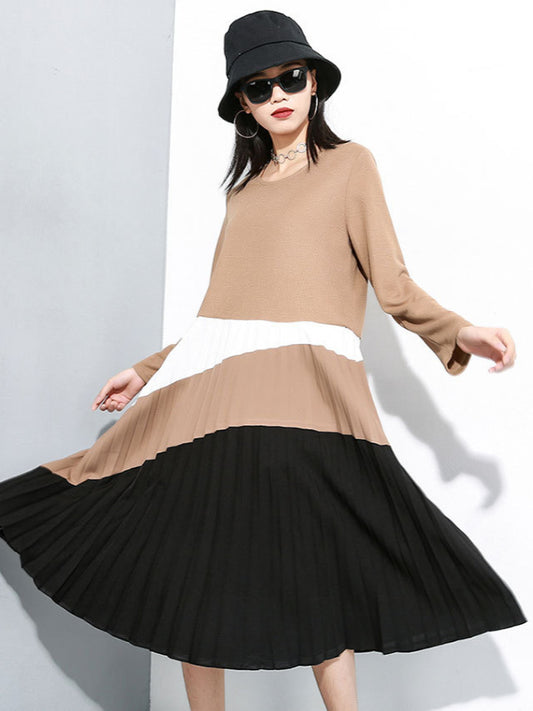 Knit Stitching Color Round Neck Midi Dress