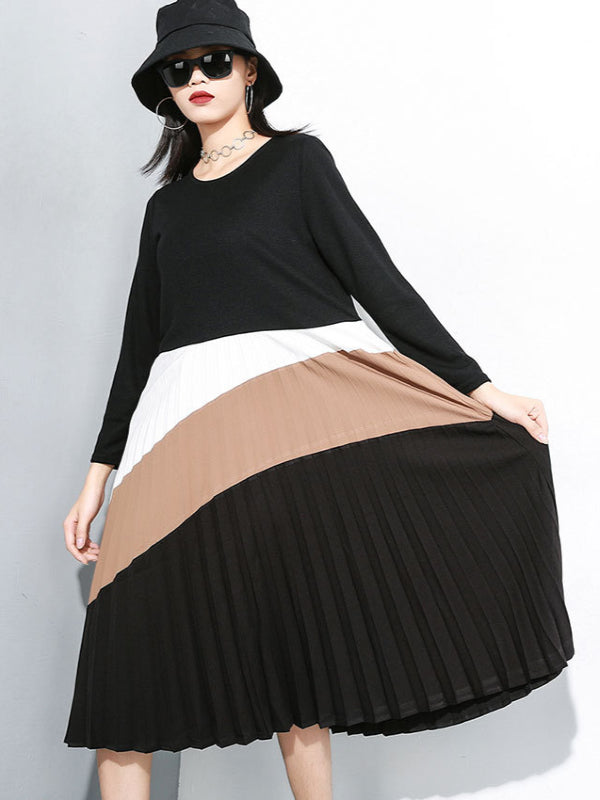 Knit Stitching Color Round Neck Midi Dress