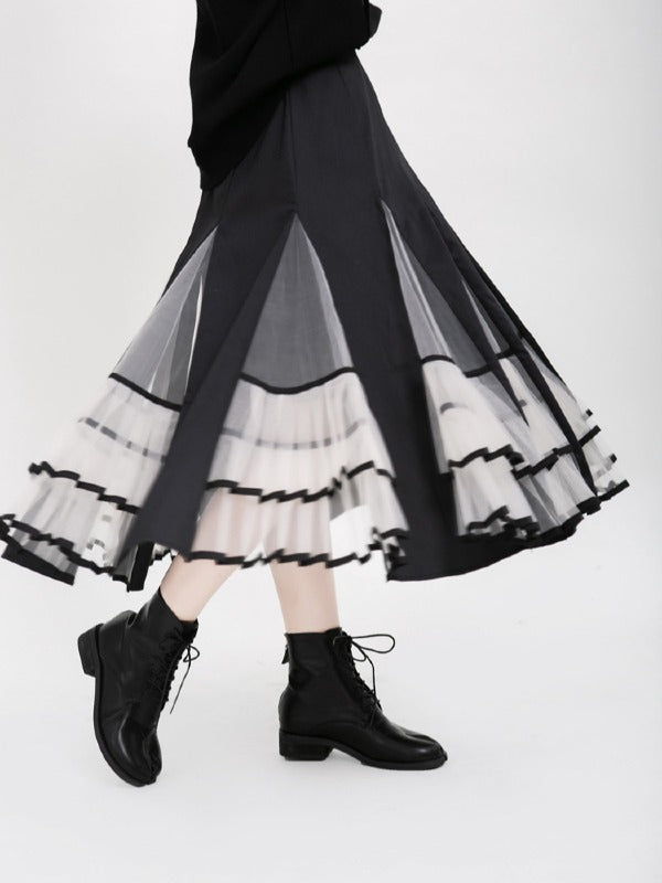 HIGH-RISE MESH LACE PLEATED SKIRT