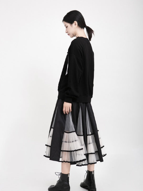 HIGH-RISE MESH LACE PLEATED SKIRT