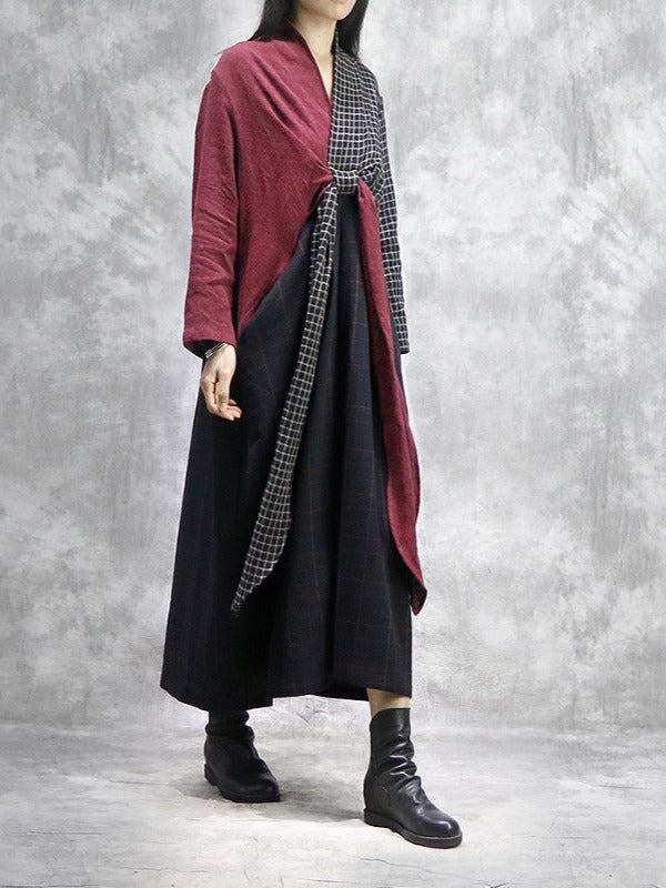 Stitched Plaid Chest Cross V-Neck Maxi Dress