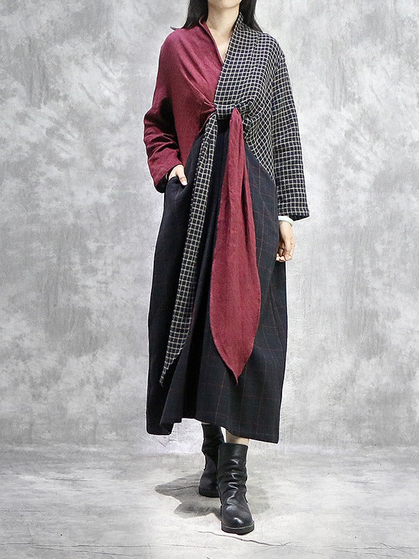 Stitched Plaid Chest Cross V-Neck Maxi Dress