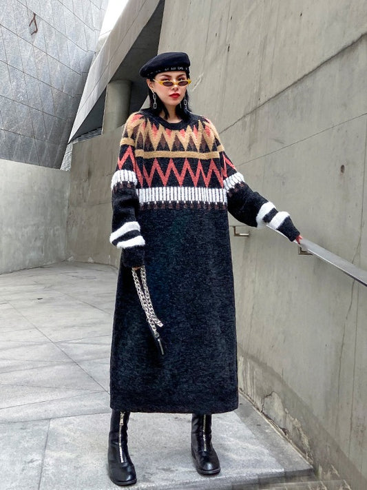 Loose Printed Round-Neck Knitting Sweater Dress