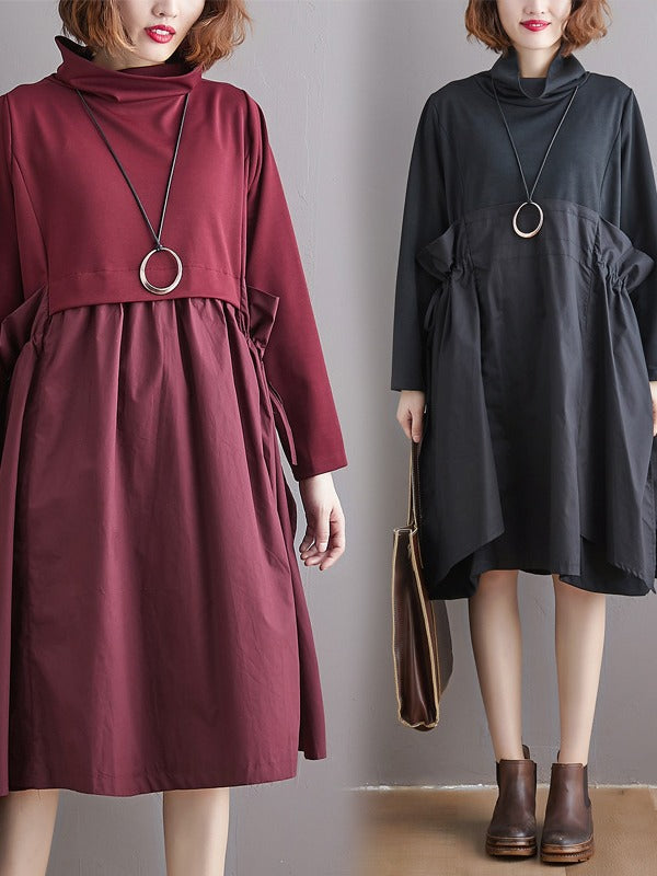 STITCHED PLEATED BANDGE HIGH-NECK DRESS