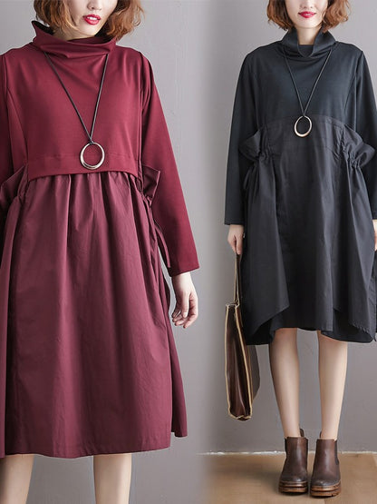 STITCHED PLEATED BANDGE HIGH-NECK DRESS