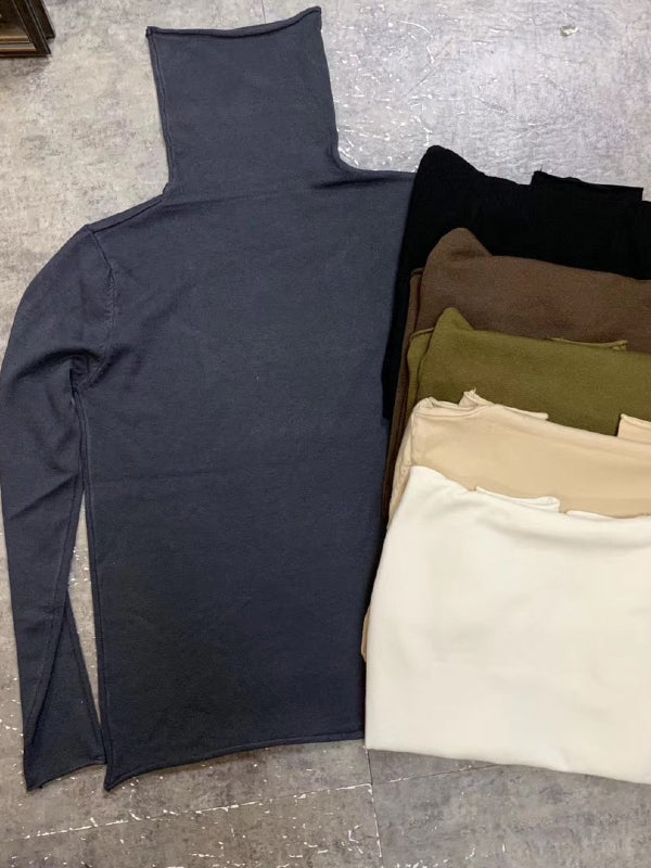 Plain Casual Long Sleeve High Collar T-Shirt