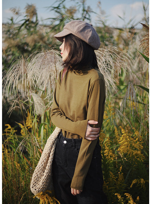 Plain Casual Long Sleeve High Collar T-Shirt