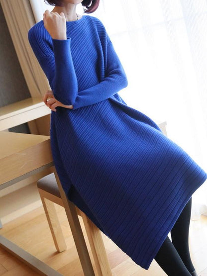 Plain V-Neck Knitting Midi Dress