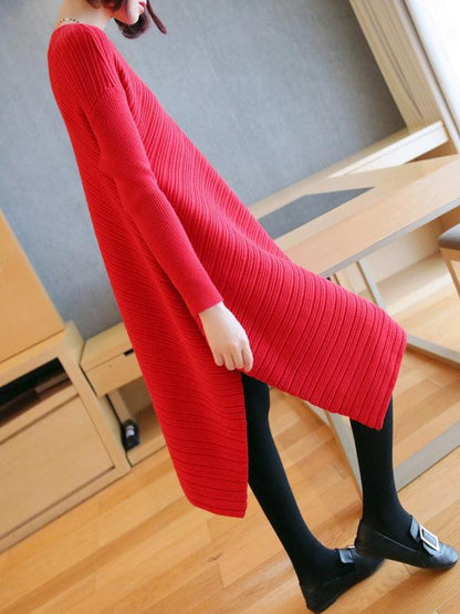 Plain V-Neck Knitting Midi Dress