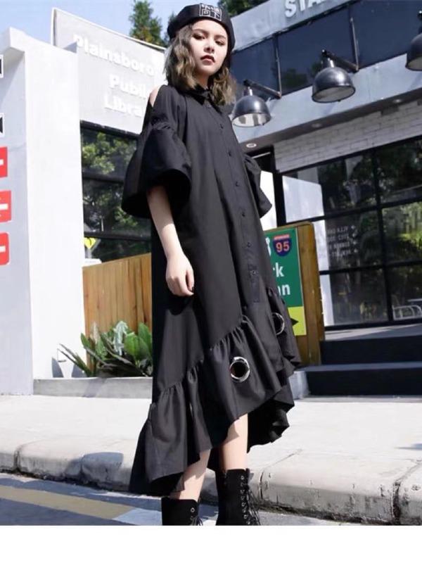 Splicing Off-The-Shoulder Cropped Iron Ring Dress