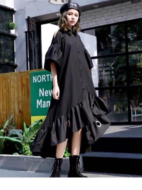 Splicing Off-The-Shoulder Cropped Iron Ring Dress