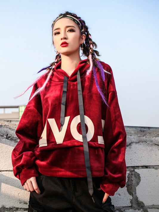 Letter Printed Loose Velvet Hoodie