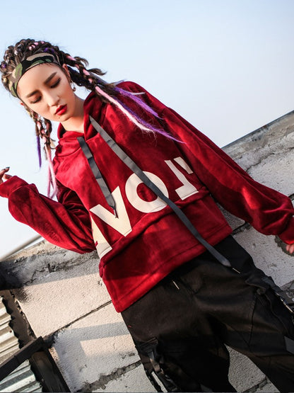 Letter Printed Loose Velvet Hoodie