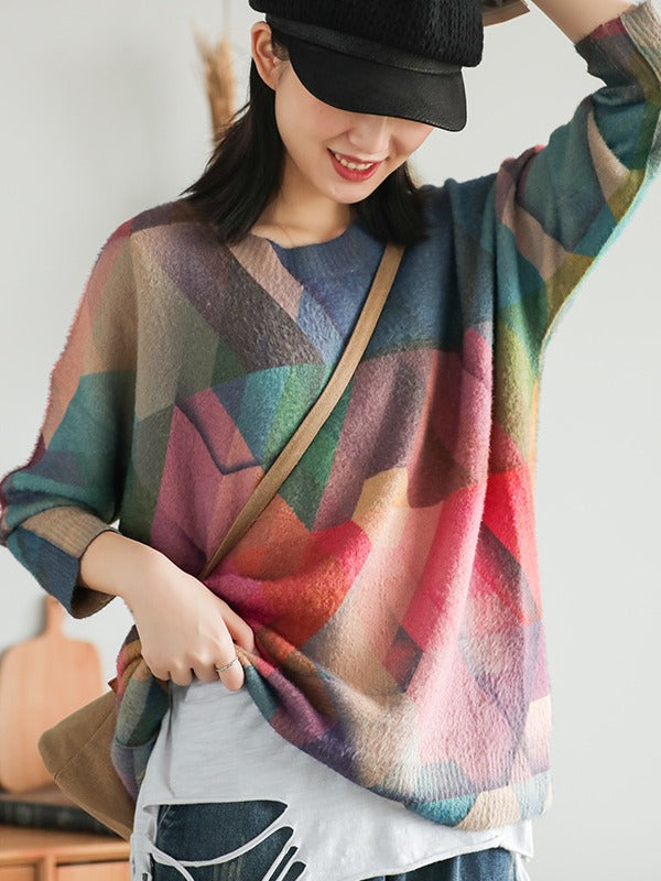 VINTAGE COLOR MATCHING PRINTED SWEATER