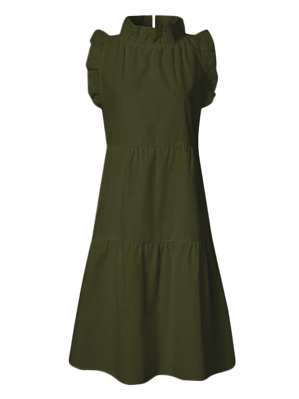 Stylish Solid Color Falbala Sleeveless Stand Collar Midi Dress