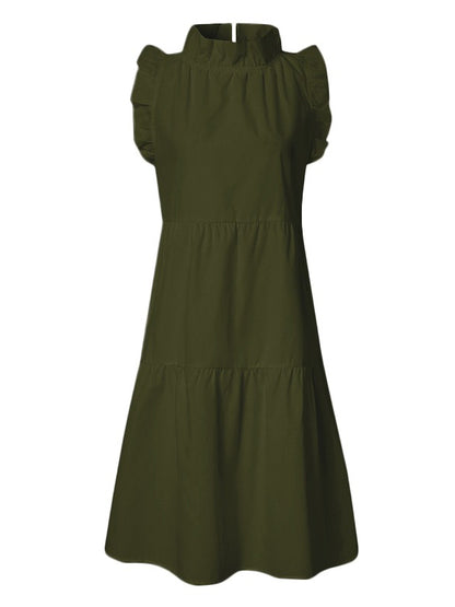 Stylish Solid Color Falbala Sleeveless Stand Collar Midi Dress