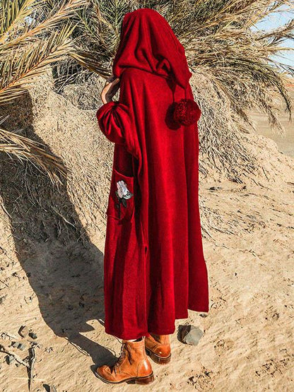 Loose Burgundy Vintage Pompom Triming Wind Coat Outwear