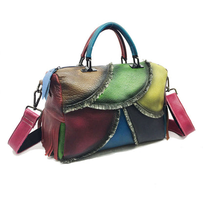 Hand-tinted leather women's bag with leather slant satchel
