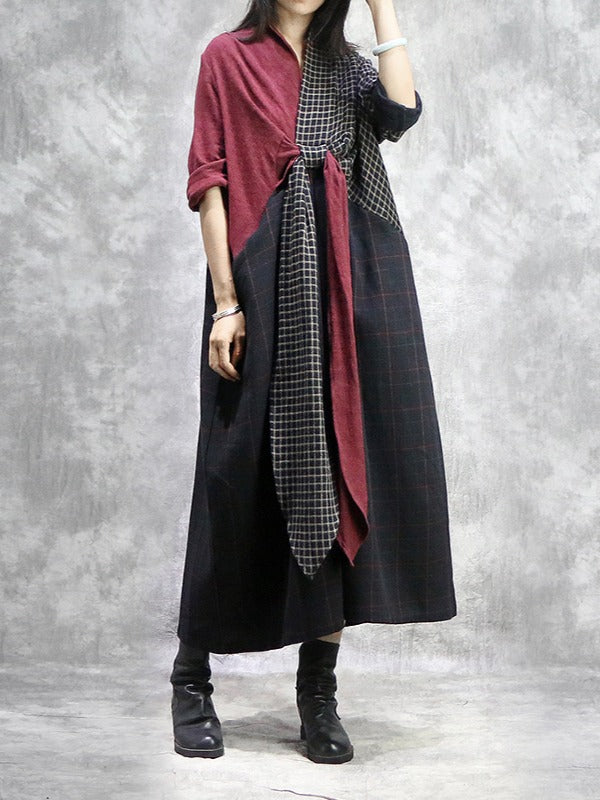 Stitched Plaid Chest Cross V-Neck Maxi Dress