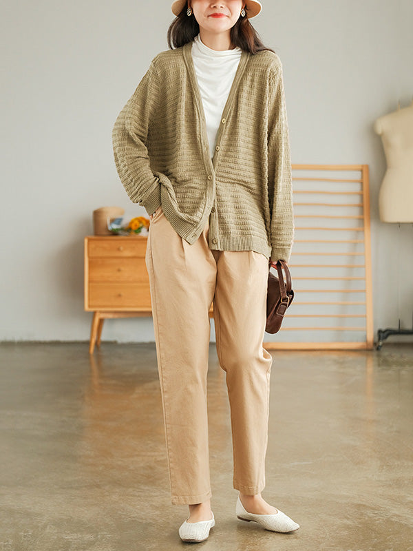 Casual Solid Color Buttoned V-Neck Long Sleeves Jacquard Knitted Cardigan