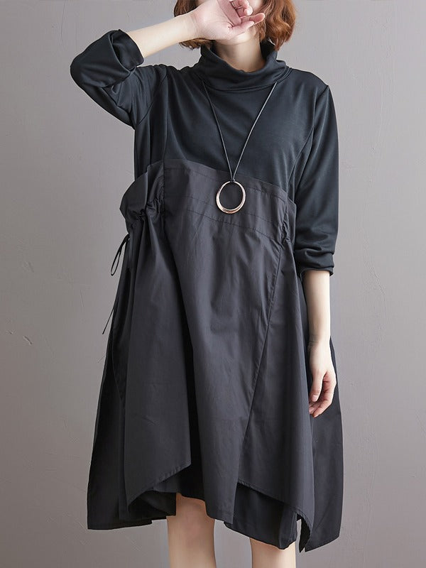 STITCHED PLEATED BANDGE HIGH-NECK DRESS