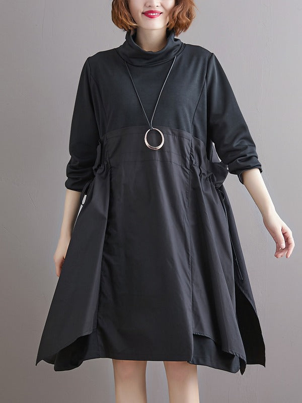 STITCHED PLEATED BANDGE HIGH-NECK DRESS