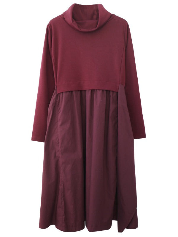 STITCHED PLEATED BANDGE HIGH-NECK DRESS