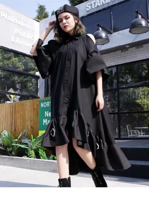 Splicing Off-The-Shoulder Cropped Iron Ring Dress