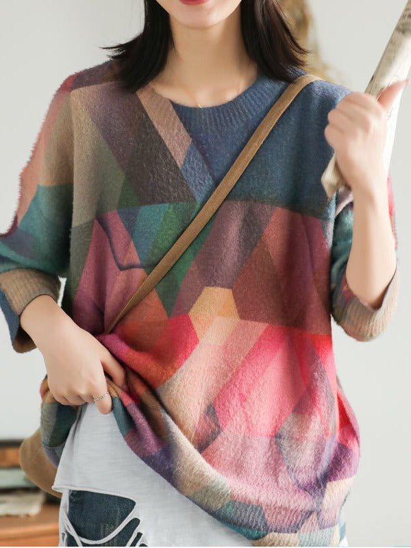VINTAGE COLOR MATCHING PRINTED SWEATER