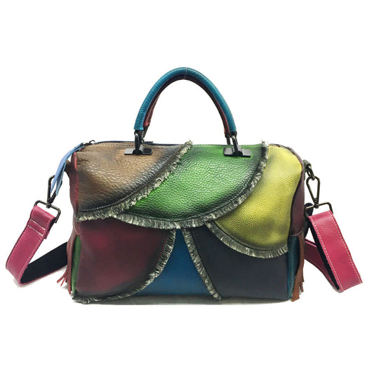 Hand-tinted leather women's bag with leather slant satchel