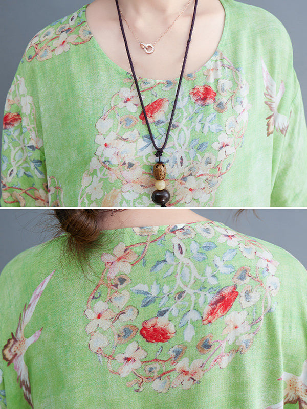 Loose Artistic Loose Floral Printed Pleated Midi Dress