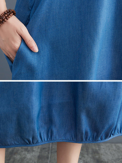 Simple Casual Denim Solid Color Midi Dress