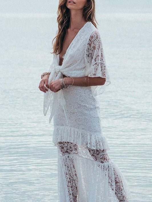 Lace Split-joint Bandage Maxi Dress