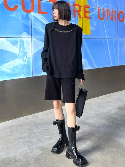 Cool Solid Color Split-Joint With Chain Round-Neck Long Sleeves T-Shirt