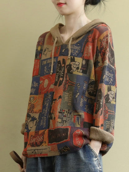 LITERARY RETRO PRINTED KNIT HOODIE SWEATER