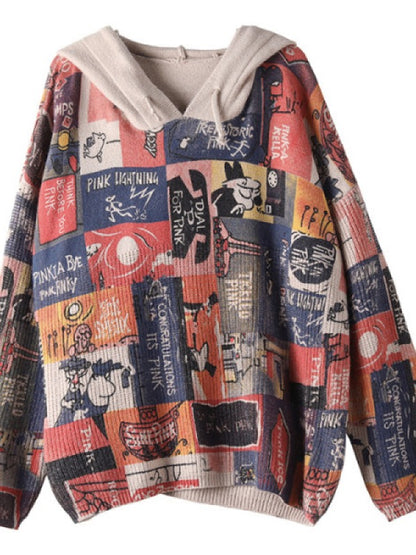 LITERARY RETRO PRINTED KNIT HOODIE SWEATER
