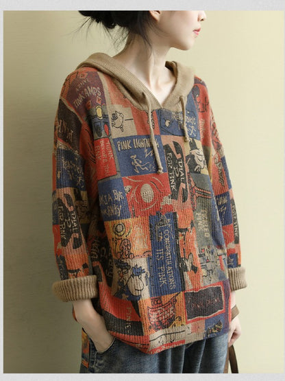 LITERARY RETRO PRINTED KNIT HOODIE SWEATER