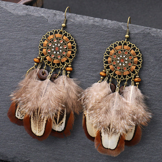 Feather round hollow retro earrings