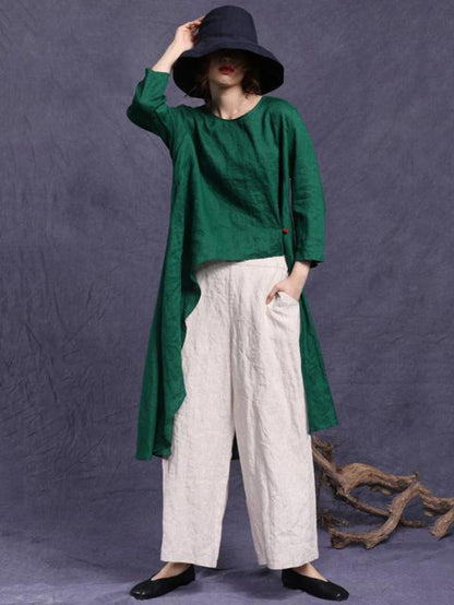 HIGH-LOW LINEN LOOSE SOLID SHIRT TOP