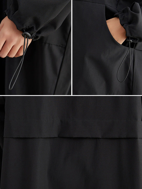 Casual Split-Side Solid Color Hooded Drawstring Long Sleeves Midi Dress